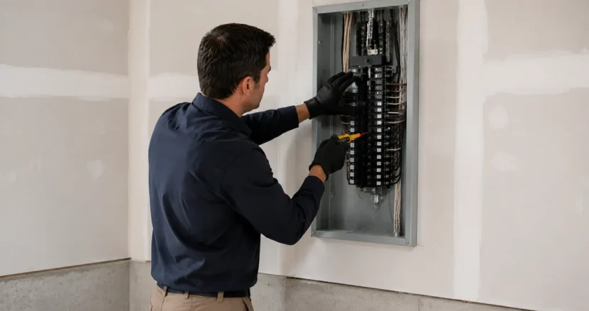 Licensed electrician working inside an open 200-amp residential electrical panel during a Wichita panel upgrade