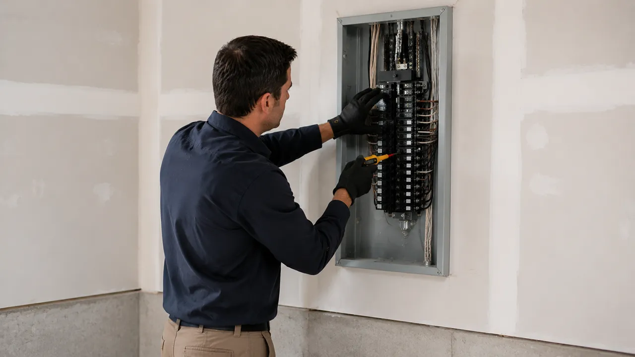 Licensed electrician working inside an open 200-amp residential electrical panel during a Wichita panel upgrade