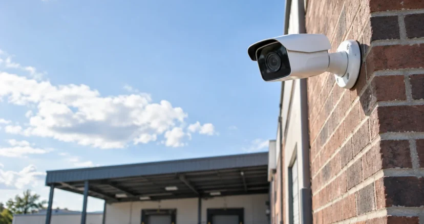 Commercial security camera mounted on the brick exterior of a Wichita business overlooking a loading dock