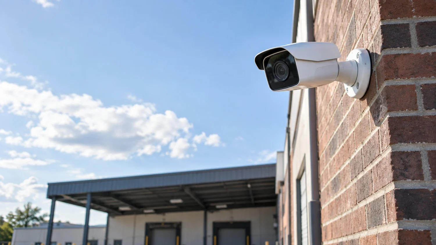 Commercial security camera mounted on the brick exterior of a Wichita business overlooking a loading dock