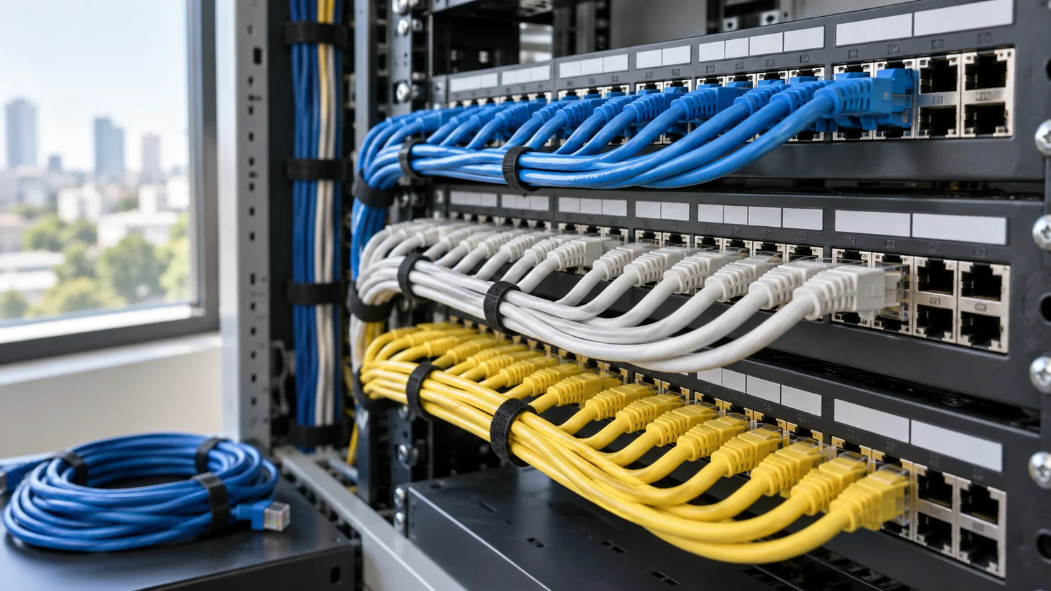 Structured data cabling terminated into patch panels in a Wichita office network rack