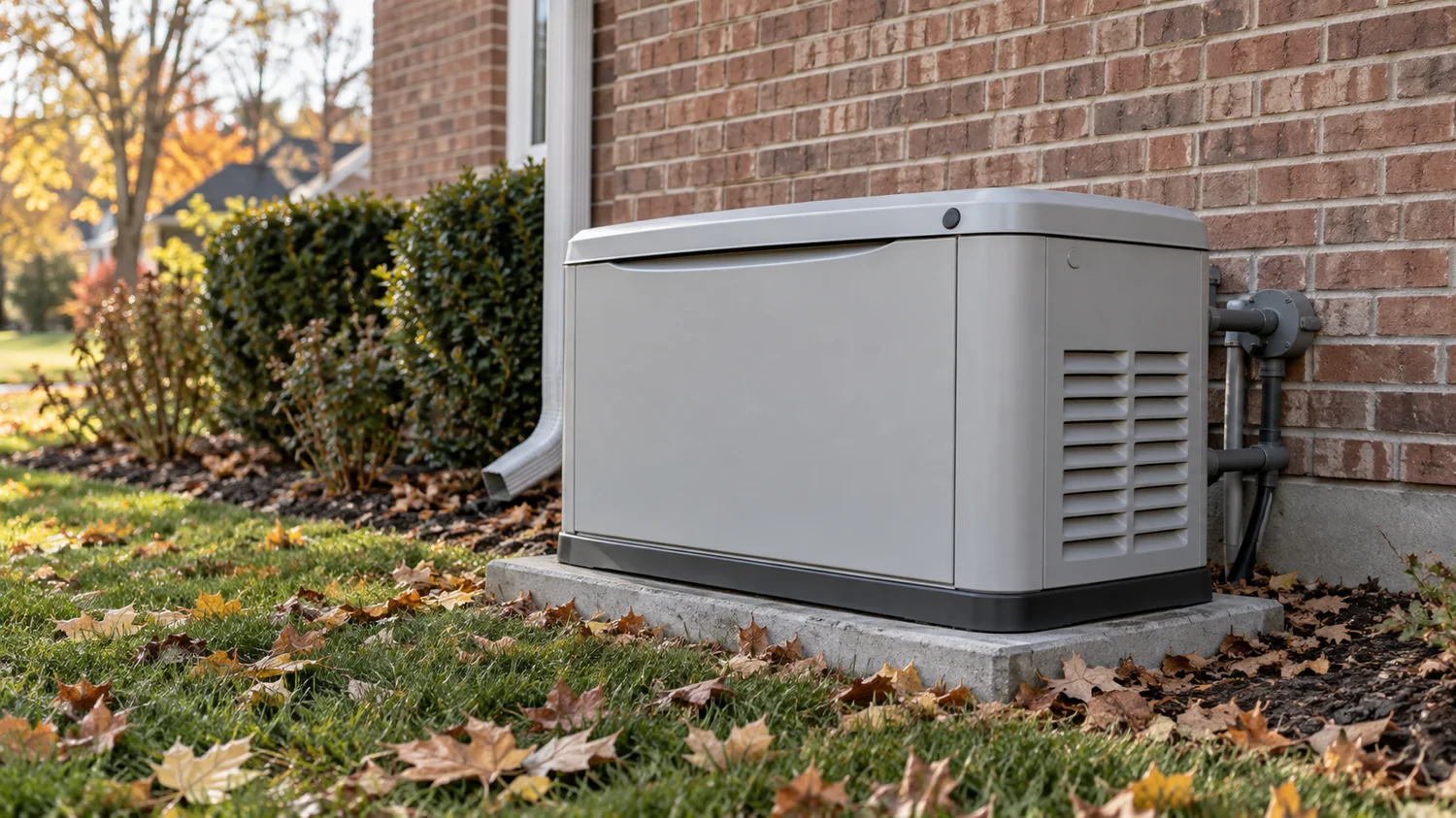 Whole-house standby generator installed on a concrete pad beside a Wichita brick home in autumn